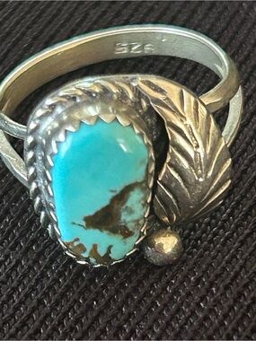 Vintage 925 Sterling Silver Southwestern Turquoise Leaf Ring Size 7.5